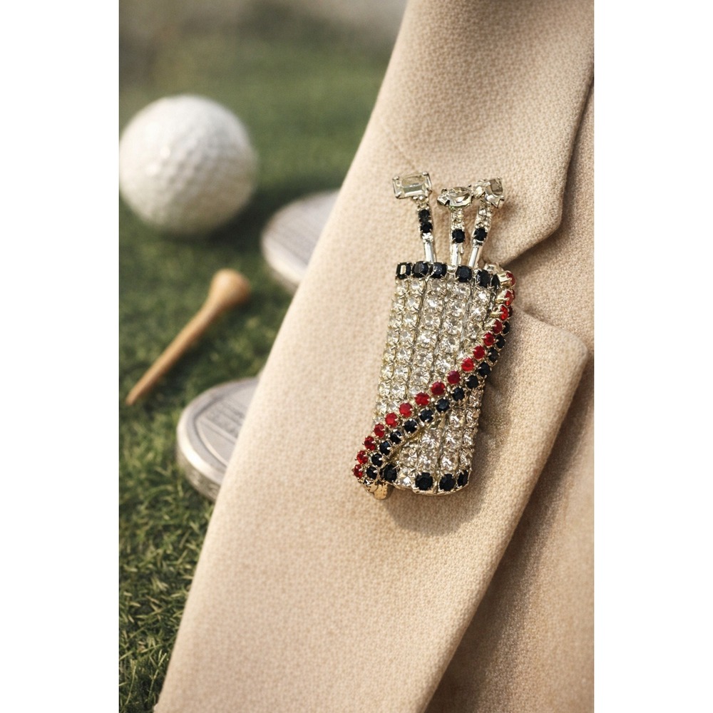 Vintage Dorothy Bauer Golf Bag Pin Rhinestone Red Black Novelty Brooch 80s Chic